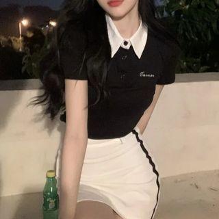 Set: Short-sleeve Lettering Collared T-shirt + Striped Mini Pencil Skirt