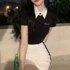 Set: Short-sleeve Lettering Collared T-shirt + Striped Mini Pencil Skirt