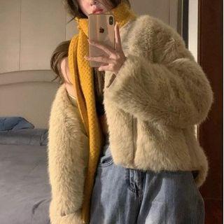 Fluffy Open Front Coat Khaki - One Size