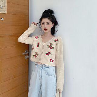 Floral Embroidered Cropped Cardigan Beige - One Size