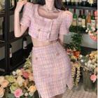 Short-sleeve Double-breasted Twee Crop Top / A-line Skirt