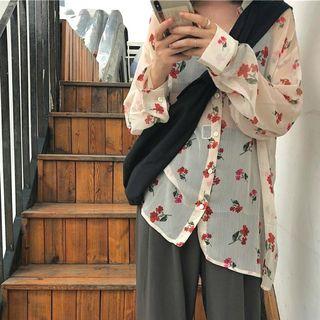 Floral See-through Long-sleeve Loose-fit Shirt As Figure - One Size