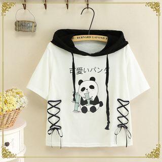 Short-sleeve Panda Print Hoodie White - One Size
