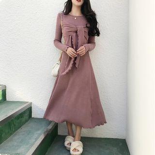 Plain Front-tie Long-sleeve Knit Dress