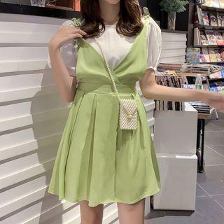 Set: Puff-sleeve Top + Spaghetti Strap A-line Mini Dress