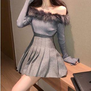 Set: Faux-fur Off-shoulder Top + Pleated Skirt