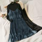 Set: Mock-neck Mesh Top + Velvet Sleeveless Midi Dress