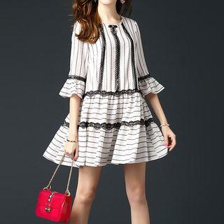 Pinstripe Frilled 3/4-sleeve Dress