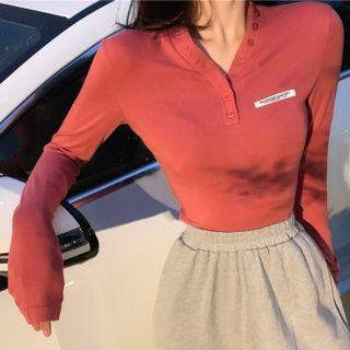Plain V-neck Button Long-sleeve T-shirt