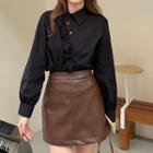 Ruffle Shirt / A-line Mini Faux Leather Mini Skirt