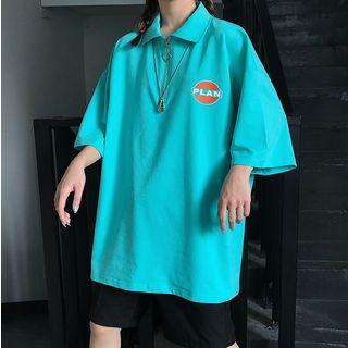 Couple Matching 3/4-sleeve Printed Zip Polo Shirt