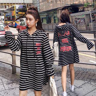 Lettering Applique Striped Hoodie Dress
