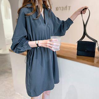 Long-sleeve Drawstring-waist Mini Dress