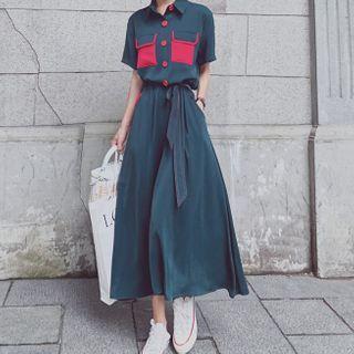 Short Sleeve Color Block Chiffon Shirtdress