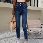 High-waist Double Button Elastic Skinny Jeans