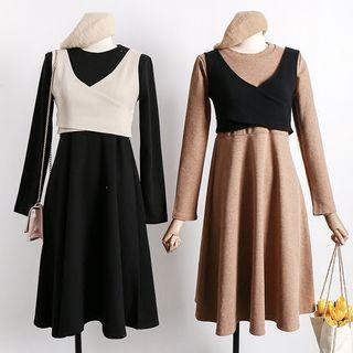 Set: V-neck Cropped Vest + A-line Dress