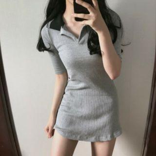 Polo-neck Short-sleeve Mini Knit Sheath Dress
