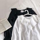 Plain V-neck Ruffled Trim Long-sleeve Blouse