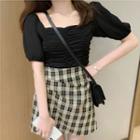 Set: Puff Sleeve Square Neck Ruched Top + Plaid A-line Skirt