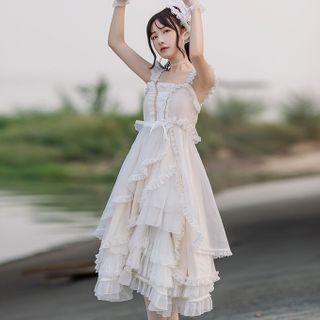 Ruffle Trim Strappy Midi A-line Cocktail Dress