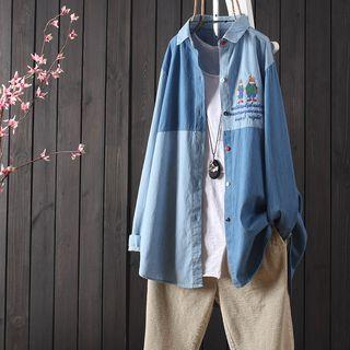 Long-sleeve Bear Embroidered Denim Blouse Blue - One Size