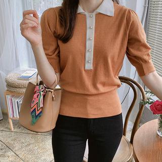 Faux-pearl Contrast-trim Knit Top
