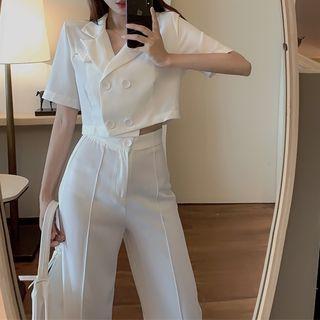 Short-sleeve Double-breasted Shirt / Wide Leg Pants