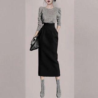 Set: Long-sleeve Glitter Top + Midi Pencil Skirt
