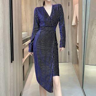 Long-sleeve Striped Asymmetrical Sheath Dress