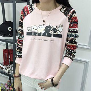 Patterned Panel Cat Print Pullover