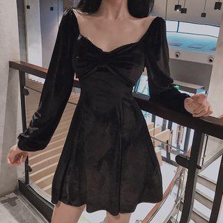 Bow Square Neck Long-sleeve A-line Dress