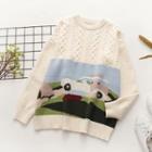 Car Print Cable-knit Sweater Off-white - One Size