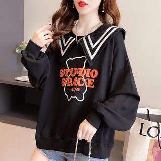 Lettering Bear Print Collared Sweatshirt