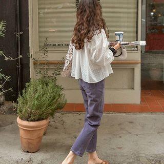 Balloon-sleeve Buttoned Embroidery Blouse White - One Size