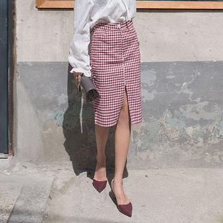 Slit-front Gingham Skirt