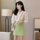3/4-sleeve Lace Buttoned Top / A-line Mini Skirt