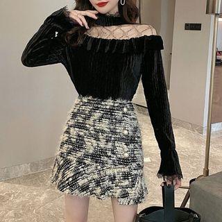 Set: Mesh-panel Ruffled Blouse + Check Skirt
