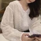 Long-sleeve Buttoned Lace Top White - One Size
