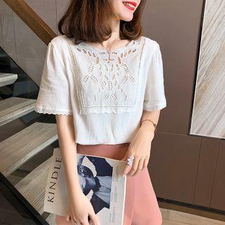 Eyelet Panel Elbow-sleeve Linen Top