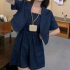 Set: Spaghetti Strap Shirred Denim Romper + Short-sleeve Shirt