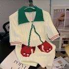 Short-sleeve Cherry Knit Polo Shirt Green & White - One Size