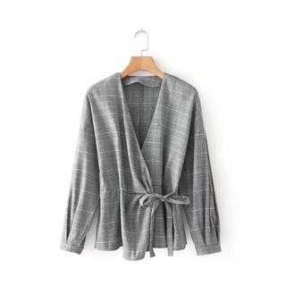 Plaid Tie Waist Blouse