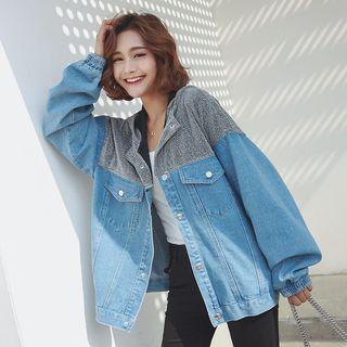 Glitter Panel Hooded Buttoned Denim Jacket