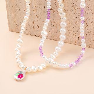 Set Of 2: Flower Resin Faux Pearl Necklace (various Designs) Set Of 2 - White & Purple - One Size