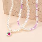 Set Of 2: Flower Resin Faux Pearl Necklace (various Designs) Set Of 2 - White & Purple - One Size