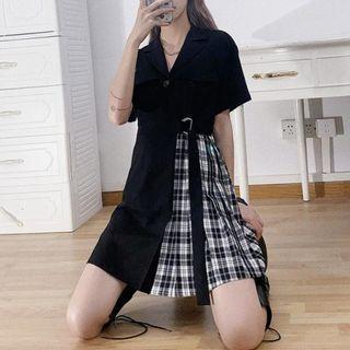 Short-sleeve Plaid Panel Mini Collared Dress