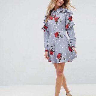 Frill Floral Print Polka Dot Sheath Dress