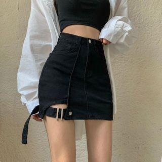 High-waist Denim Mini Fitted Skirt