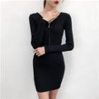 V-neck Long-sleeve Knit Dress Black - One Size