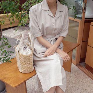 Elbow-sleeve Linen Blend Long Shirtdress With Sash